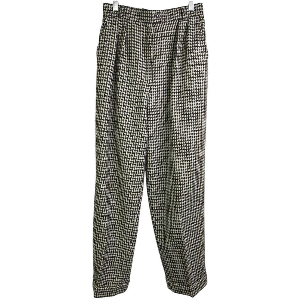 I.Magnin Trousers Pants‎ Women 10 Black White Houndstooth 100% Wool Pleated